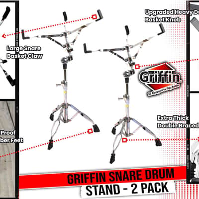 Snare Drum Stand (2-Pack) by GRIFFIN | Chrome Double-Braced Lightweight Mount for Snares, Tom Drums & Practice Pads | Slip-Proof Gear Tilter & Clamp-Style Basket Holder image 13