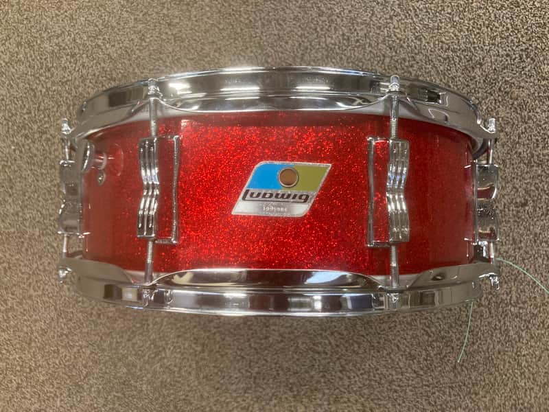Ludwig No. 908 Jazz Festival 5x14" 8-Lug Snare Drum with Pointed Blue/Olive Badge 1969 - 1971 - Red Sparkle image 1