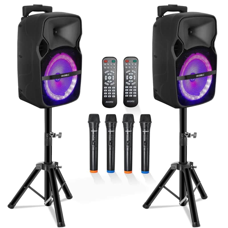 5 Core Party Speaker 2Pc Bluetooth 250W Active Rechargeable Outdoor PA DJ System w 2 Wireless Mic image 1