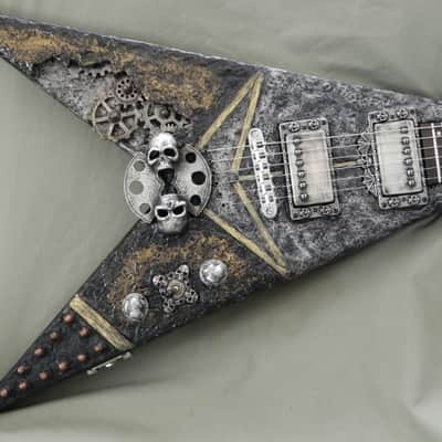 Steampunk Skull B.C. Rich junior V Guitar hand sculpted top handmade skull hardware flying v image 1