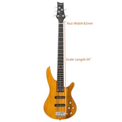 Glarry GIB Electric 5 String Bass Guitar Full Size SS Pick-up Transparent Yellow image 7