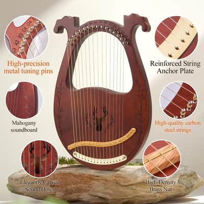 Lyre Harp, 16-String Mahogany Lyra Harp Kit, Stringed Musical Instruments with Tuning Wrench Bag Instructions Extra Strings for Beginners Adults image 3