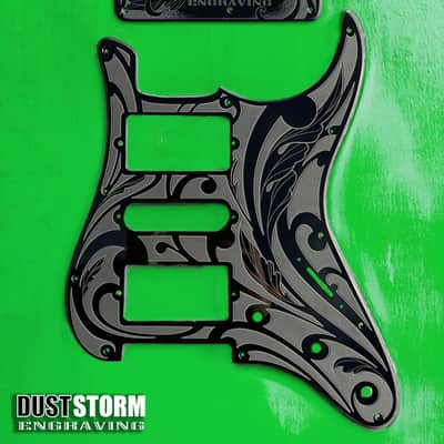 Black Sparkle XGP Stratocaster Style Laser Engraved Guitar Body with Solid Black Acrylic Pickguard and Tremolo Cover HSH, HSS, SSS Setups Available image 5
