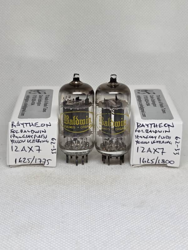 Raytheon Made For Baldwin 1962 12AX7 Long Gray Plate Well Matched (9.7%) Pair NOS ECC83 12AX7A image 1
