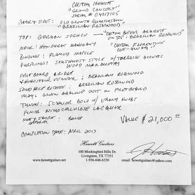 Hewett Brazilian Rosewood Grand Concert Cutaway – Handwritten Spec Sheet, Documented Build, Excellent Condition image 3