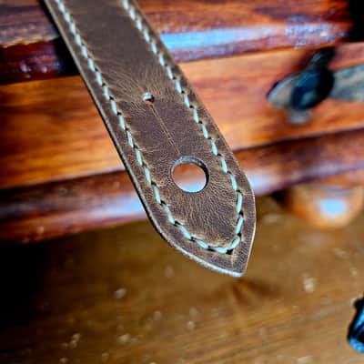 Hand Made, Hand Stitched Guitar strap "Rockatansky" in Taupe & Beige - Vegetable Tanned Leather image 8