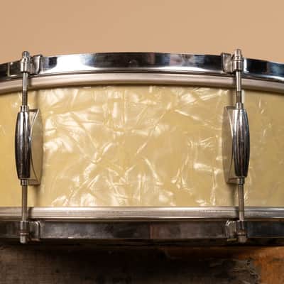 1960s Gretsch 5.5x14 Dixieland White Marine Pearl Snare Drum image 6
