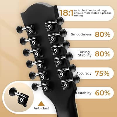 12 String Guitar Acoustic Electric, Upgraded Guitar 12 Strings Bundle for Beginner Intermediate Adults Teens, Guitarra de 12 Cuerdas, Spruce Top Bone Nut, Black, Matte image 3