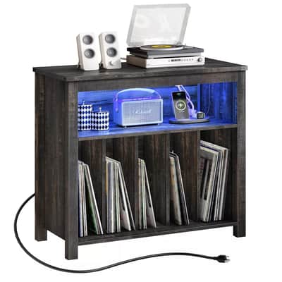 Vintage Record Player Stand w/ LED Lights & Charging Station – Holds 250 Vinyl Albums | Turntable Storage CabinetVintage Record Player Stand w/ LED Lights & Charging Station – Holds 250 Vinyl Albums | Turntable Storage Cabinet image 2