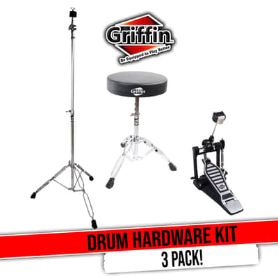 GRIFFIN Drum Hardware Set (Percussion TiltPro X Edition) 3 Pack Combo – Kick Pedal, Drum Throne & Cymbal Stand – Chrome Kit for Mounting Crash, Ride & Splash Cymbals image 1