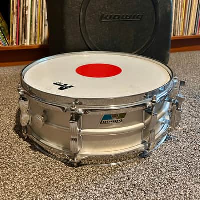 Ludwig No. 404 Acrolite 5x14" 8-Lug Aluminum Snare Drum with Pointed Blue/Olive Badge 1969 - 1979 - Matte Aluminum image 7