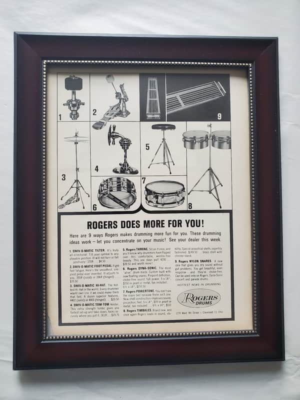 1964 Rogers Drums Promotional Ad Framed Swiv-O-Matic Pedal And Other Accessories Original image 1
