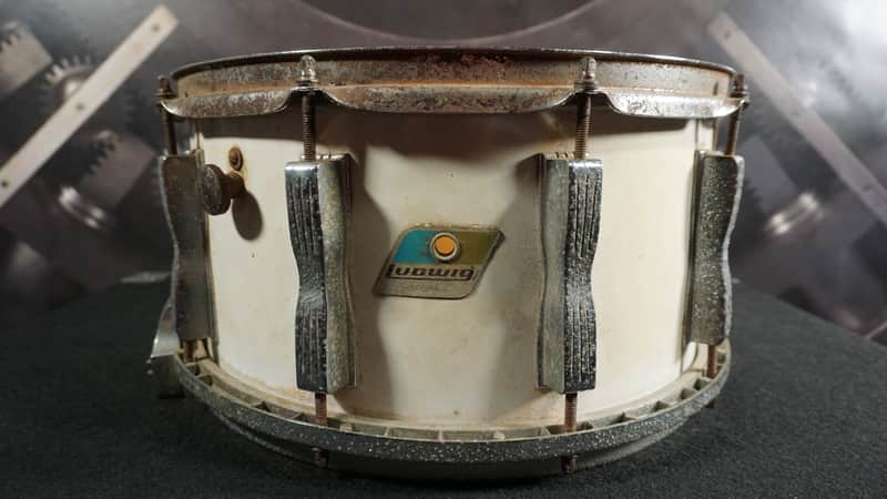 Late 1970s / Early 1980s Ludwig Classic 14x7 Wood Shell Snare Drum White Finish Blue Olive Badge image 1