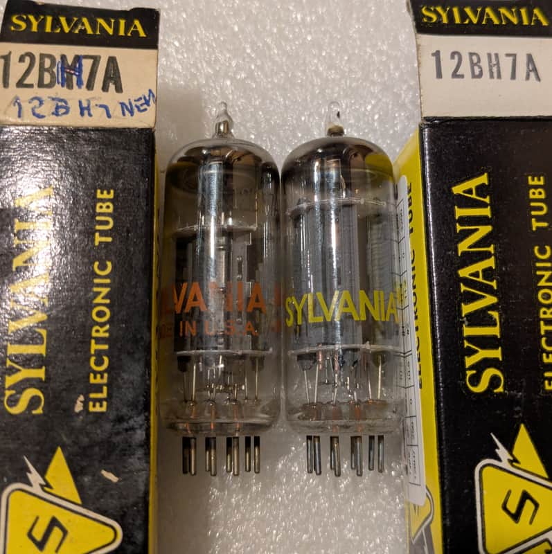 12BH7A Sylvania Matched Pair NOS Testing Gray Rib Plates Top Halo Getter Amplitrex Tested image 1