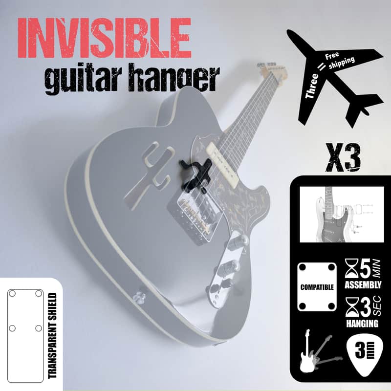 Patented invisible guitar wall hanger compatible FenderÂ® with rectangular plate - 3 kits image 1