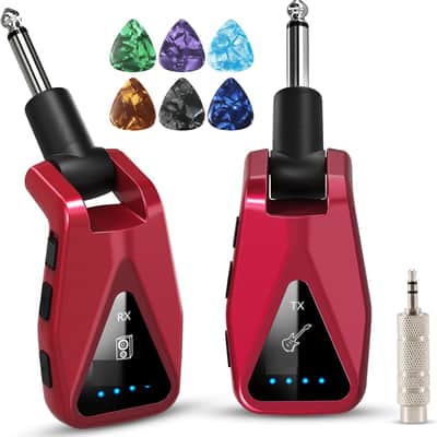 Wireless Guitar System Transmitter Receiver: UHF Cordless 164 Feet Range - 6 Channels USB-C Rechargeable Audio, 220° Rotatable Plug Design for Guitar Bass and Electric Instruments(Red) image 1