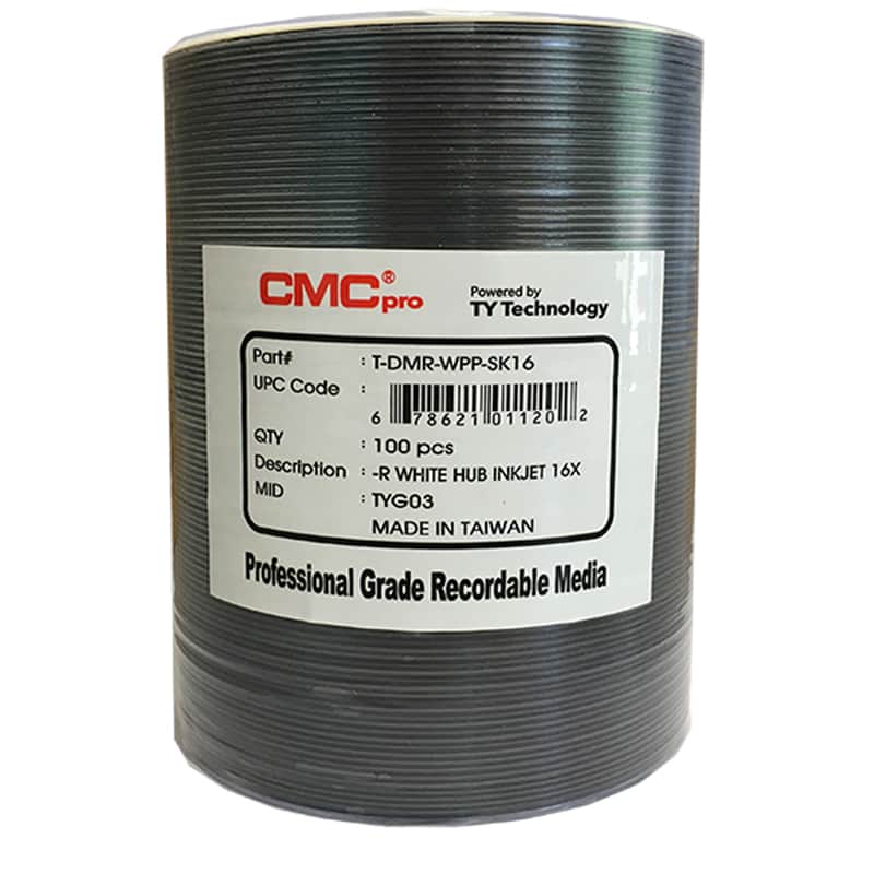 CMC Pro Taiyo Yuden 16X White Inkjet Hub Printable DVD-R (TDMR-WPP-SK16) 100-Disc Tape Wrap image 1