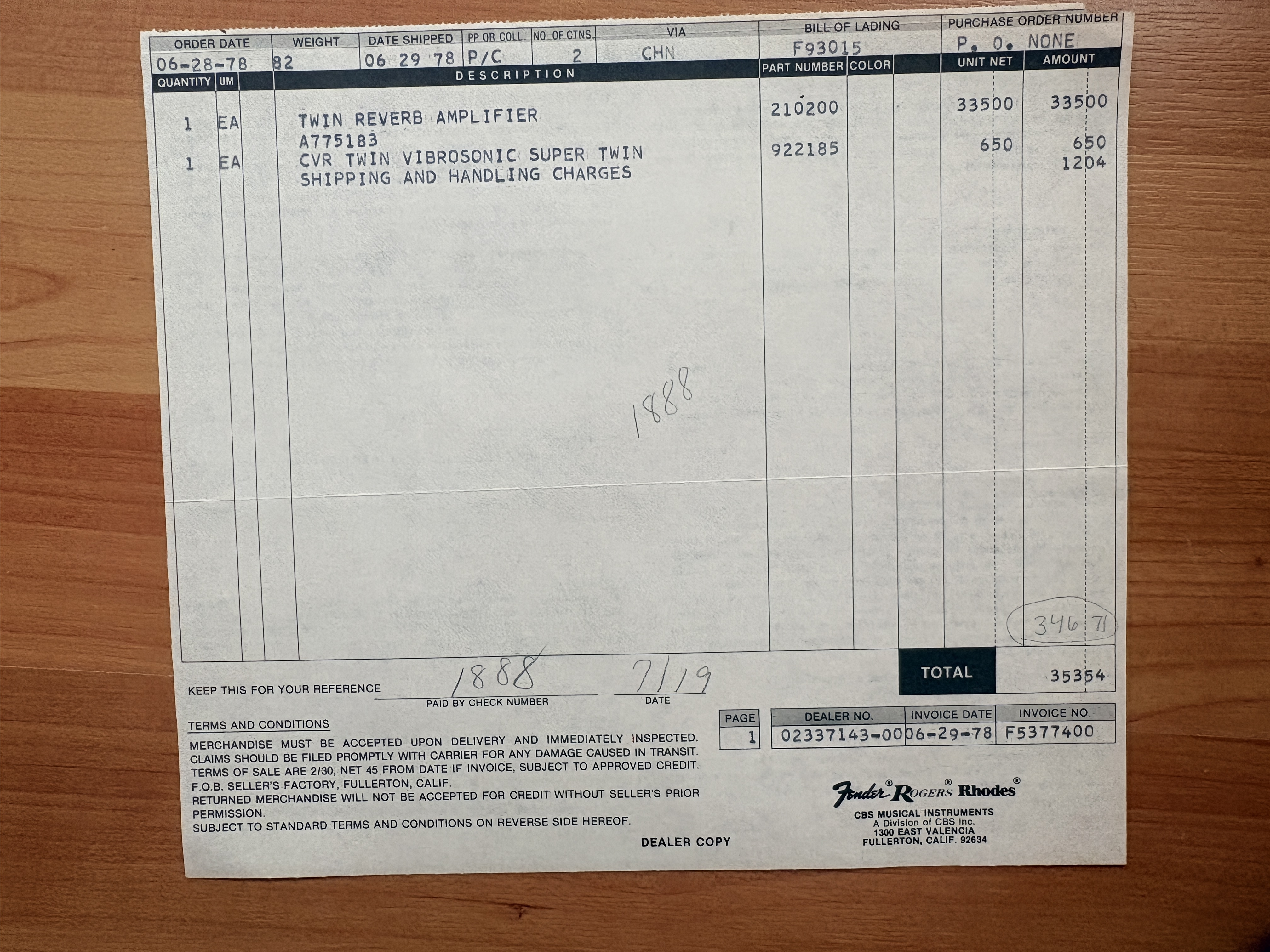 1978 Fender Dealer Invoice Twin Reverb CBS Case Candy Vintage Collector