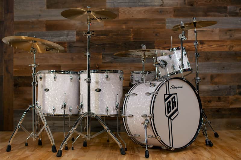 SLINGERLAND BUDDY RICH 5 PIECE SIGNATURE DRUM KIT No.2, NASHVILLE BUILT WITH FULL HARDWARE PACK AND SOLID SHELL SNARE DRUM, WHITE MARINE PEARL (PRE-LOVED) image 1