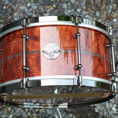 HHG drums 14x7 Bubinga, Tulipwood, Maple  2021 High Gloss Natural Lacquer, Herringbone Inlay, Black Nickel Hardware image 15