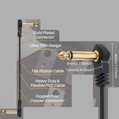 6-Inch Flat Guitar Patch Cables 6 Pack, S-Shape Ultra-Thin 6.35mm Right-Angle Guitar Effects Pedal Board Patch Flat Cord, Thin-Type Save More Space Pedal Board Cables Gold Plated Connector 1/4 1/4"TS image 2