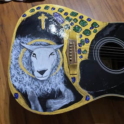 Custom Hand Painted Ibanez Deadnaught Guitar with Medieval Angus Dei Lamb of God design image 20