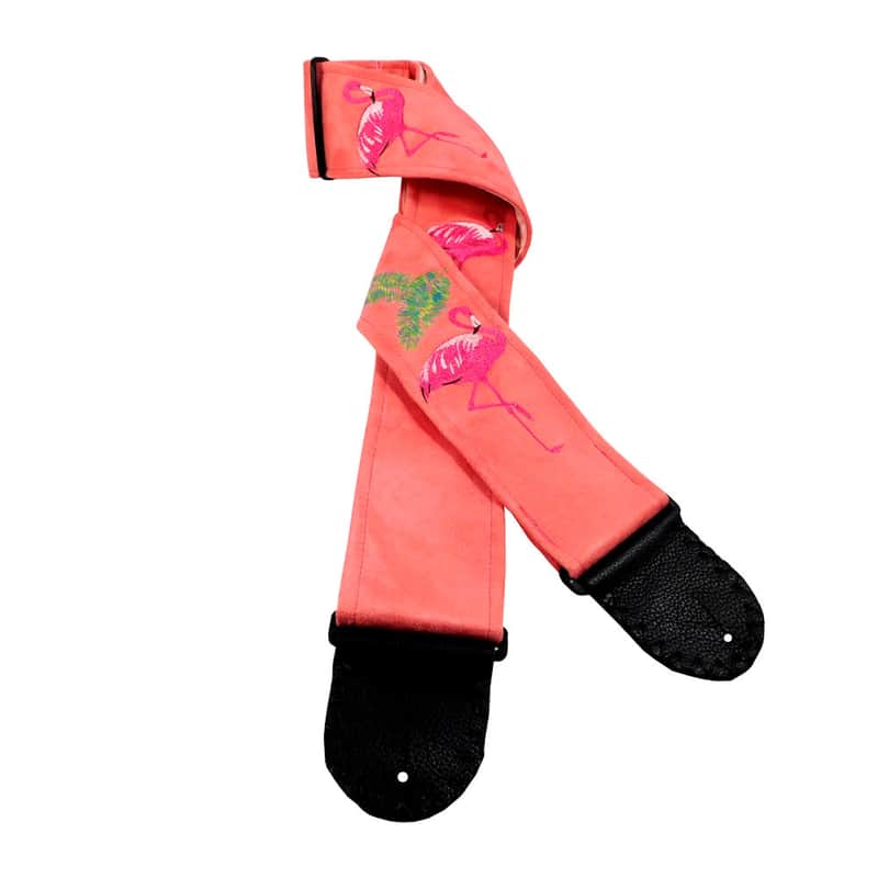 Embroidered Flamingos Guitar Strap on Coral Ultrasuede Artisan Handmade One of a Kind image 1