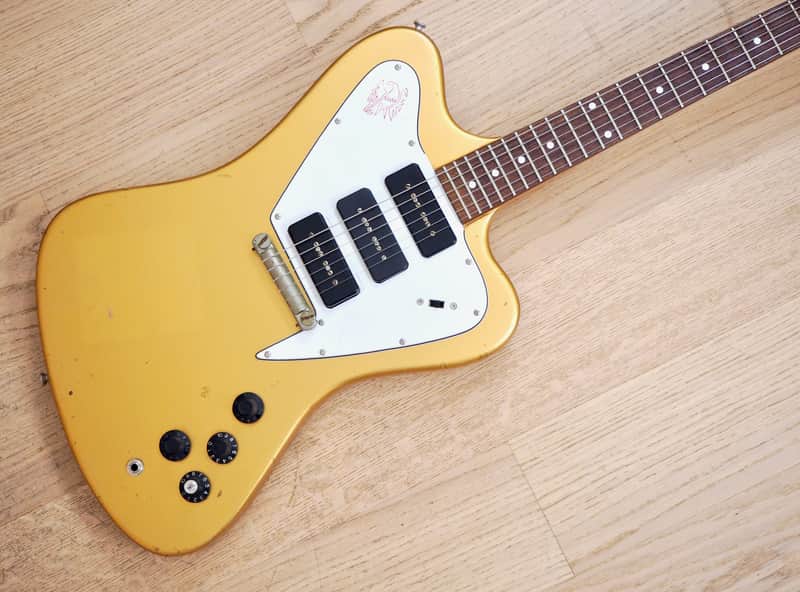 1980s Burny FB-85 F-Bird III Vintage Electric Guitar Gold Mist Poly P-90s, Japan image 1