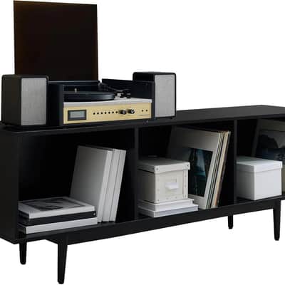 Large Vinyl Record Storage Console & Media Center – Mid-Century Black image 2