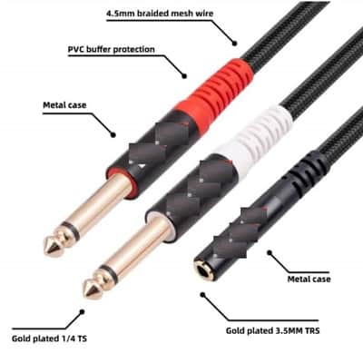 3.5mm 1/4 inch Stereo TRS Female to 2 Dual 6.35mm Mono TS Male Y Splitter Premium Cable 30CM image 2