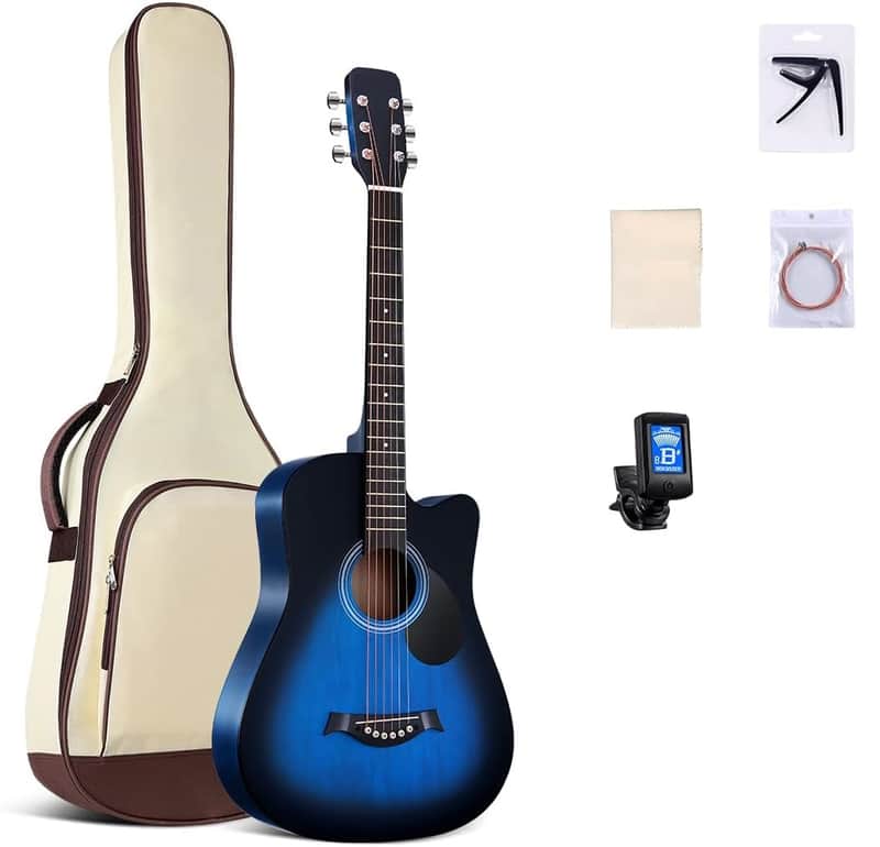 38 inch Guitar Blue Acoustic Guitar Beginner kit Adult Cutaway Acoustic Guitar Guitarras Starter Set Bundle with Padded Gig Bag, Strap, Capo, Strings, Picks image 1