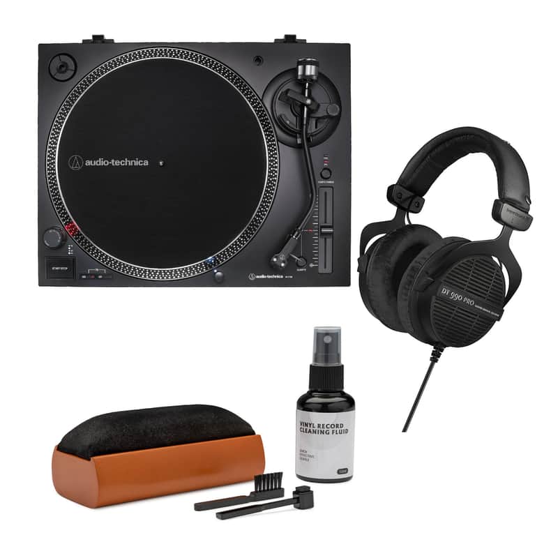 Audio-Technica AT-LP120X-USB Direct-Drive Analog and USB Turntable (Black) Bundle with DT 990 PRO Studio Headphones (Limited Edition, Ninja Black) and Vinyl Record Care System (3 Items) image 1
