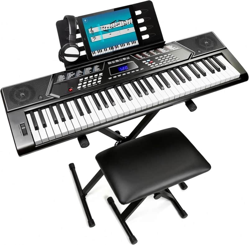 61 Key Keyboard Piano Stand With Pitch Bend Kit, Piano Bench, Headphones, Simply Piano App & Keynote Stickers image 1
