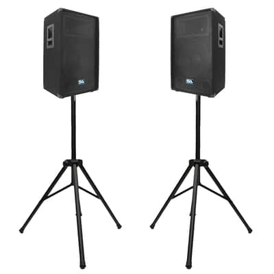 Pair of 12" PA Speakers with two Tripod Speaker Stands - PA/DJ Band PA Package image 1