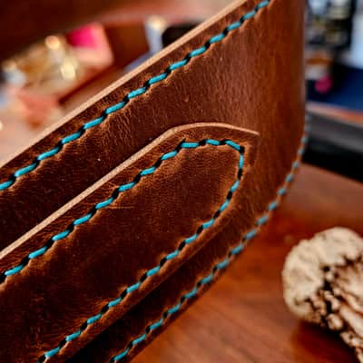 Hand Made, Hand Stitched Guitar strap "Rockatansky" in Taupe & Turquoise- Vegetable Tanned Leather image 4