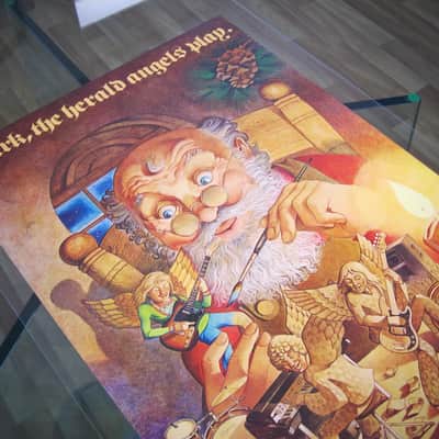 Fender Telecaster, Precision Bass, Rhodes & Twin Reverb Authentic Vintage Poster Christmas Campaign "Hark the Herald Angels Play" Artist Endicott Circa-1970's-Multi Color image 7