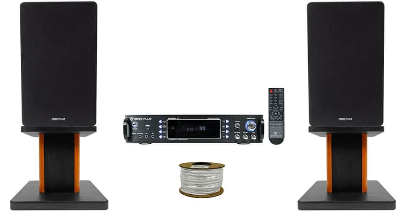 Rockville RPA60BT Receiver+(2) 6.5" Black Bookshelf Speakers+8" Wood Stands + Rockville R14GSBR100 Red/Blk 14 Gauge 100' Ft. Mini Spool Car Audio Speaker Wire image 1