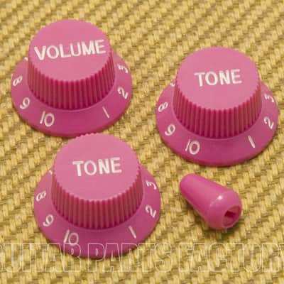 PK-0178-MP Mauve Pink w/White Lettering Import Knobs Set Stratocaster 6mm Metric