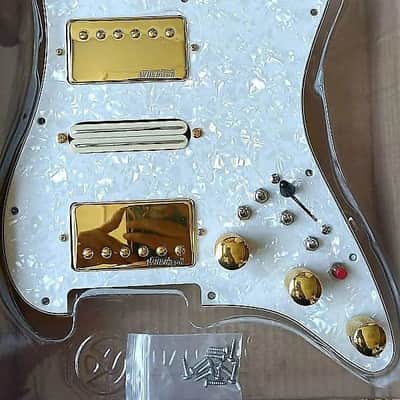 White Pearl Guitar Strat Style HSH Prewired Multifunction Loaded Pickguard, Alnico 5 Pickups