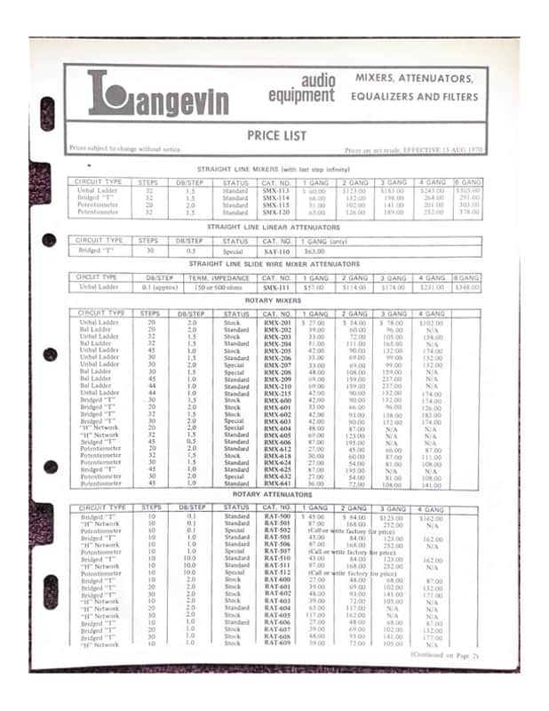 Langevin Audio Equipment Catalog 1970 Price List Attenuator Mixer 252-A Equalizer image 1