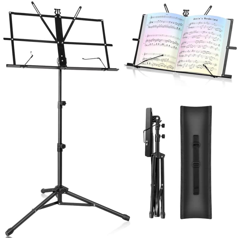 Music Stand Foldable & Portable Metal Sheet Music Stand With Carrying Bag, Adjustable Podium Stand With Tripod Base And Sheet Music Folder - Black image 1