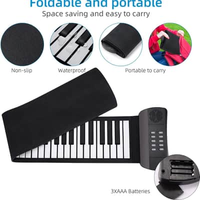 Roll Up Piano, Portable Silicone Keyboard Perfect for Beginners, Safe Material, Headphone Jack for Quiet Practice, 16 Tones & Record Function, Foldable for Travel (Black) Bild 2