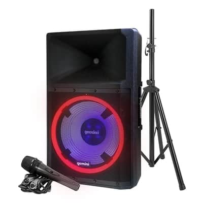 Gemini Sound GSP-L2200PK Indoor 2200 Watt Peak Bi-Amped Wired AC Powered Bluetooth DJ Speaker with 15" Inch Woofer, LED Party Lights, Built in Media Player, and Included Microphone and Speaker Stand image 1
