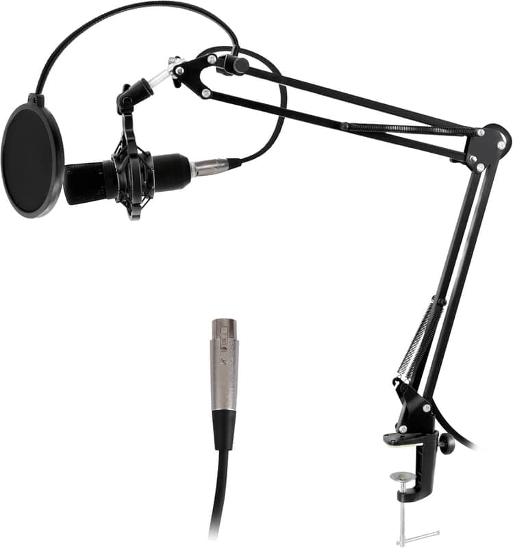 Suspension Boom Mic Stand with Shock Mount – Adjustable Desktop Mic Stand Boom Arm with Clamp, XLR Cable, Mic Clips – Heavy-Duty Microphone Stand for Podcast, Studio, Streaming, Broadcasting image 1