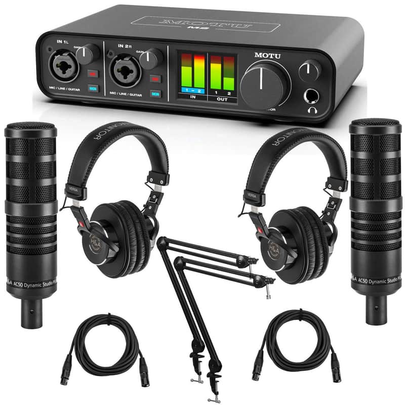 MOTU M2 Desktop 2x2 USB-C Audio Interface Bundle with 2 Pack H&A AC50 Cardioid Dynamic Microphone, 2x Professional Monitor Headphones, 2x Broadcast Arm, 2x XLR M to XLR F Mic Cable 15-Foot image 1