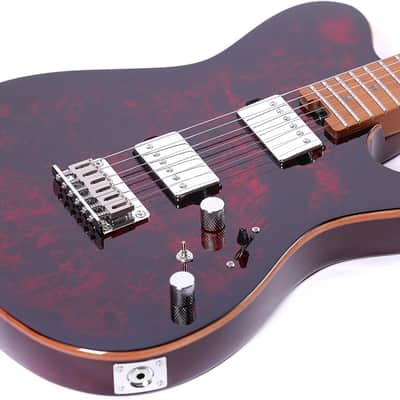 Electric Guitar Burl Wood Look Printed Top Modern Double Cut 6 String HH Pickups Tremolo Maple Neck Gloss Finish (Red) image 3