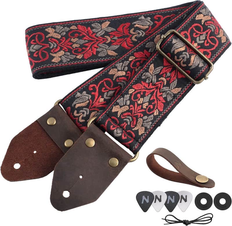 Guitar Strap,Jacquard Embroidery Cotton Guitar Straps with Crazy Horse Leather Leather Ends for Bass, Electric & Acoustic, Best Gifts for Kids, Guitarists(Retro Red Flower) image 1