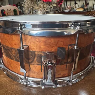 ~NEW!~ Pork Pie Decaf Macchiato Maple 6.5x14 Snare Drum in Satin Burled Walnut with Sapele Stripe image 2
