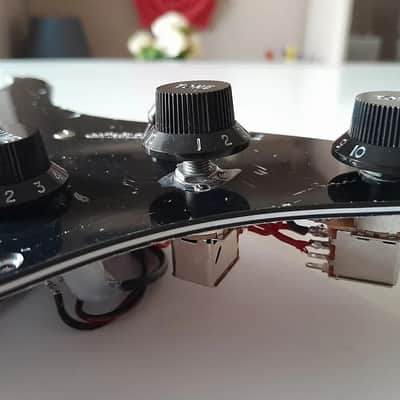 Handmade prewired HSH neodymium Strat pickguard with HB split switch TR BL and mid PU cutoff switch. PAF style HB's. image 13