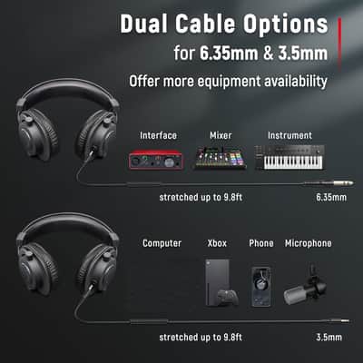 Studio Monitor Headphones for Recording, Wired Headphones with 50mm Driver, Over Ear Headset with Detachable Cables 3.5mm or 6.35mm Jack, Black, on PC/Mixer/Amplifier image 3